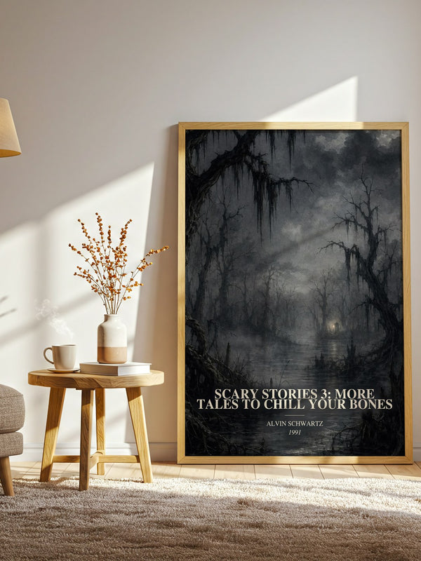Scary Stories 3: More Tales To Chill Your Bones watercolour print in frame leaning in hallway – childrens wall art
