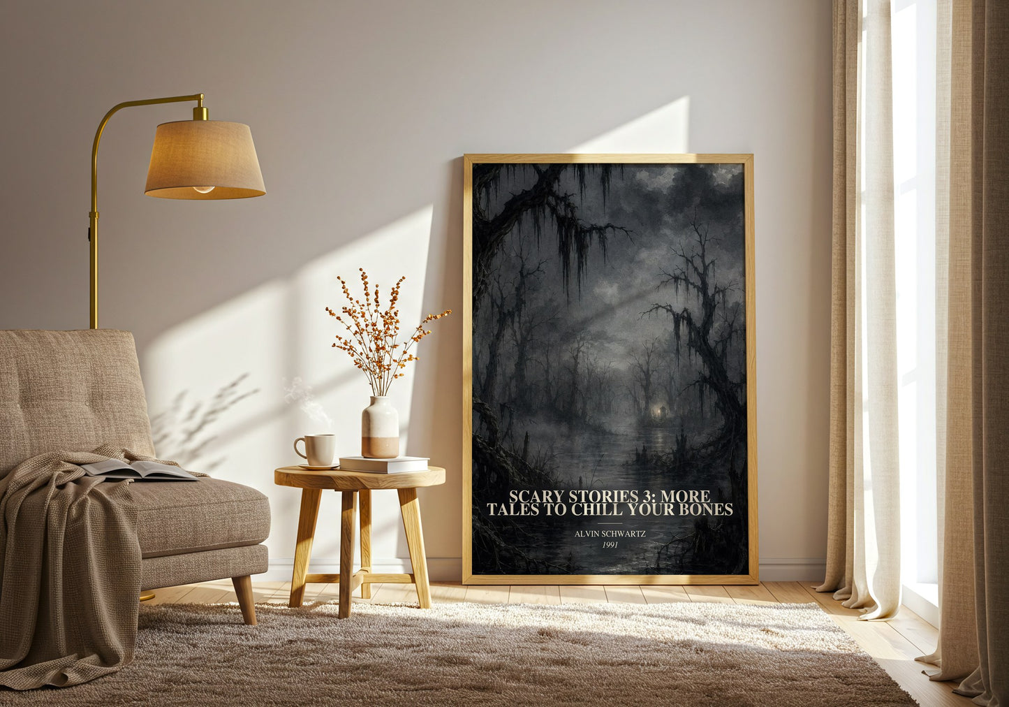 Scary Stories 3: More Tales To Chill Your Bones watercolour print in frame leaning in hallway – childrens wall art