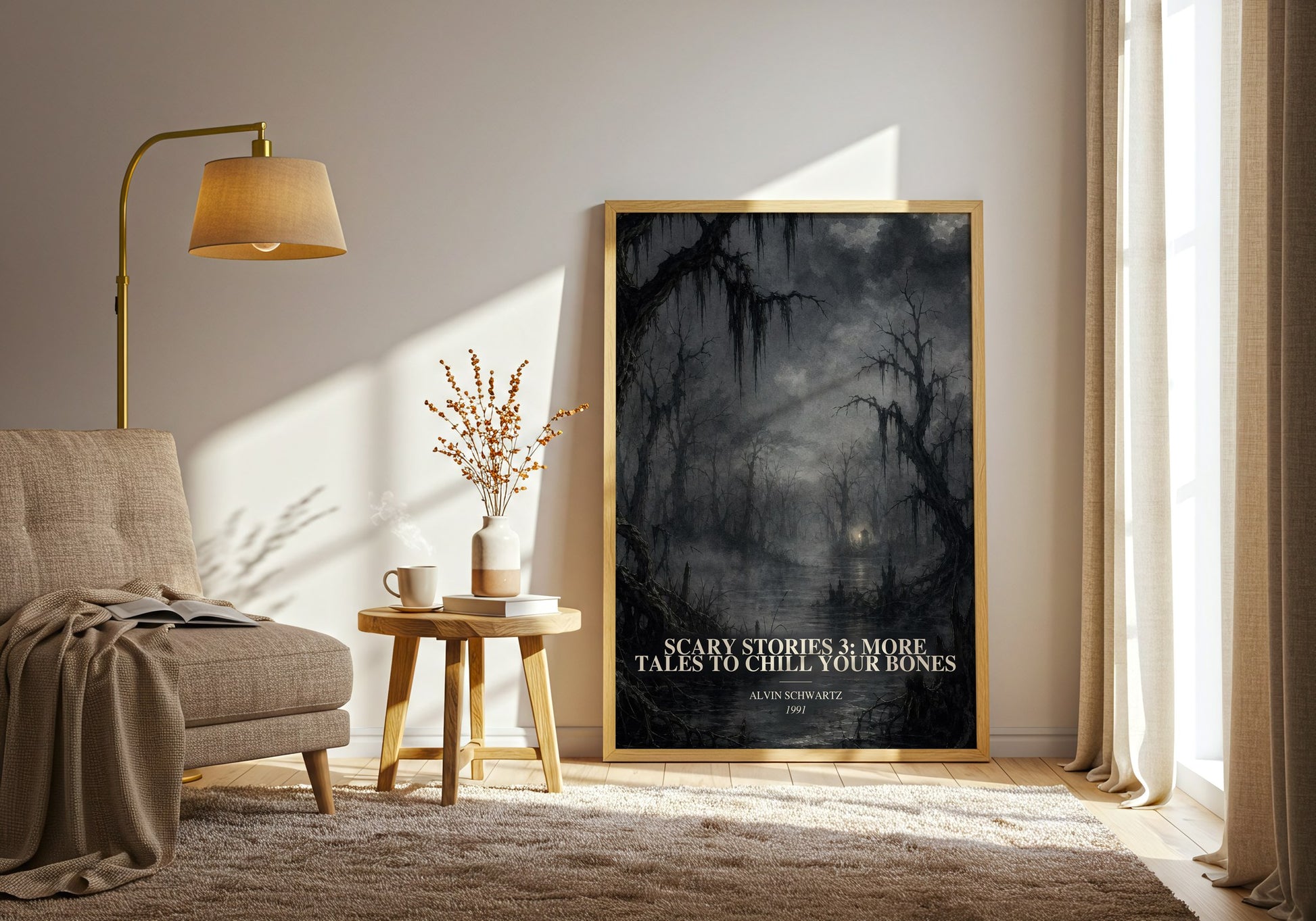 Scary Stories 3: More Tales To Chill Your Bones watercolour print in frame leaning in hallway – childrens wall art