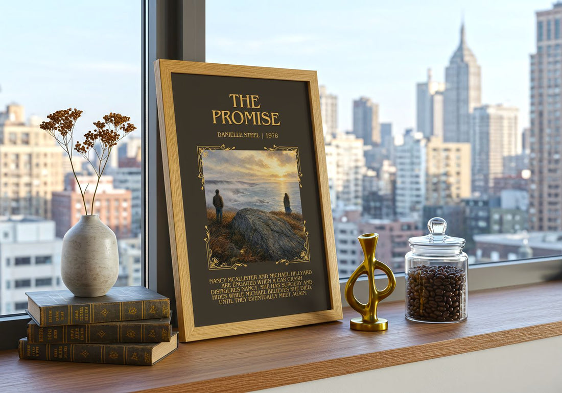 The Promise Minimalist Book Poster by Danielle Steel – framed print on a city-view windowsill