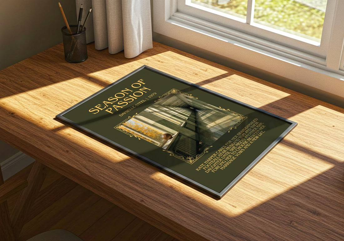 Season Of Passion Minimalist Book Poster by Danielle Steel – print on a sunlit desk