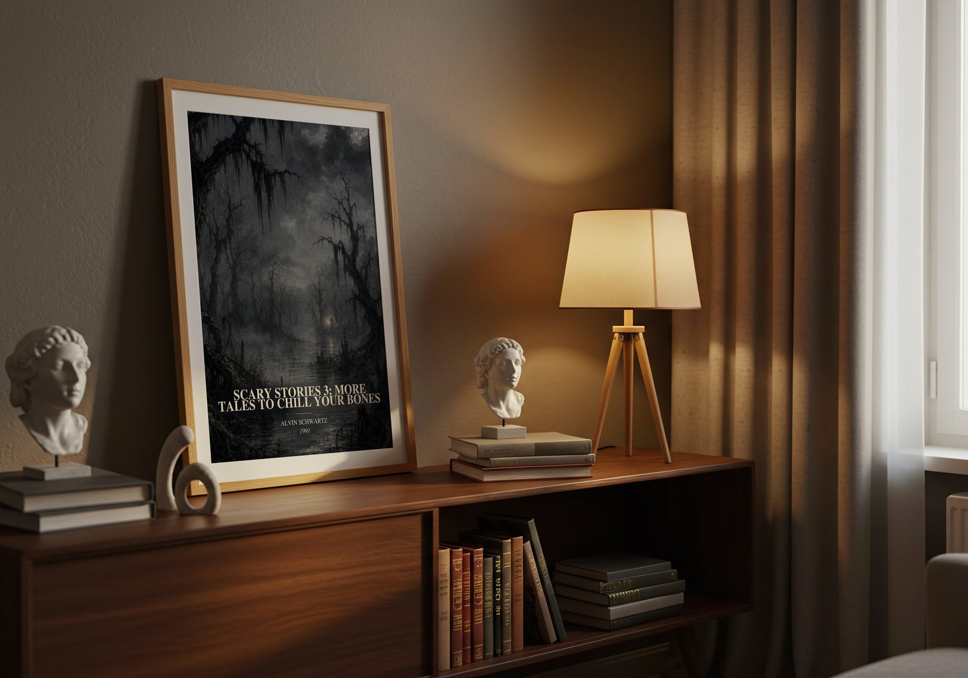 Scary Stories 3: More Tales To Chill Your Bones watercolour print on bookshelf – Alvin Schwartz fan gift