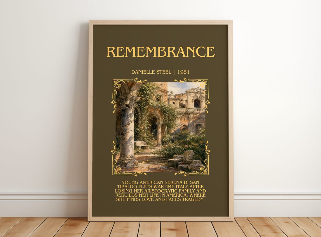 Remembrance Minimalist Book Poster by Danielle Steel – framed print leaning on a wooden floor