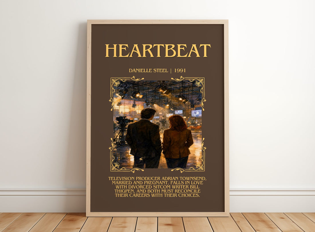Heartbeat Minimalist Book Poster by Danielle Steel – framed print leaning on a wooden floor