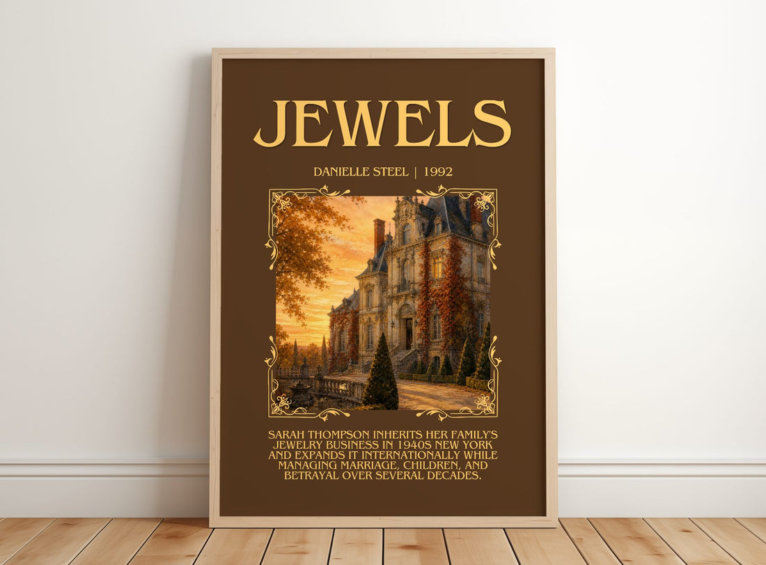 Jewels Minimalist Book Poster by Danielle Steel – framed print leaning on a wooden floor