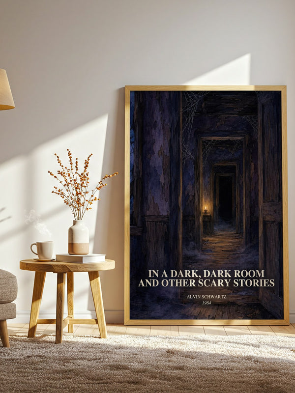 In A Dark, Dark Room And Other Scary Stories watercolour print in frame leaning in hallway – childrens wall art