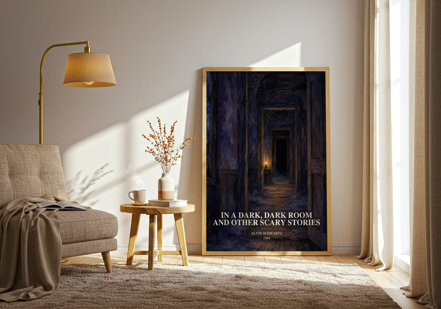 In A Dark, Dark Room And Other Scary Stories watercolour print in frame leaning in hallway – childrens wall art