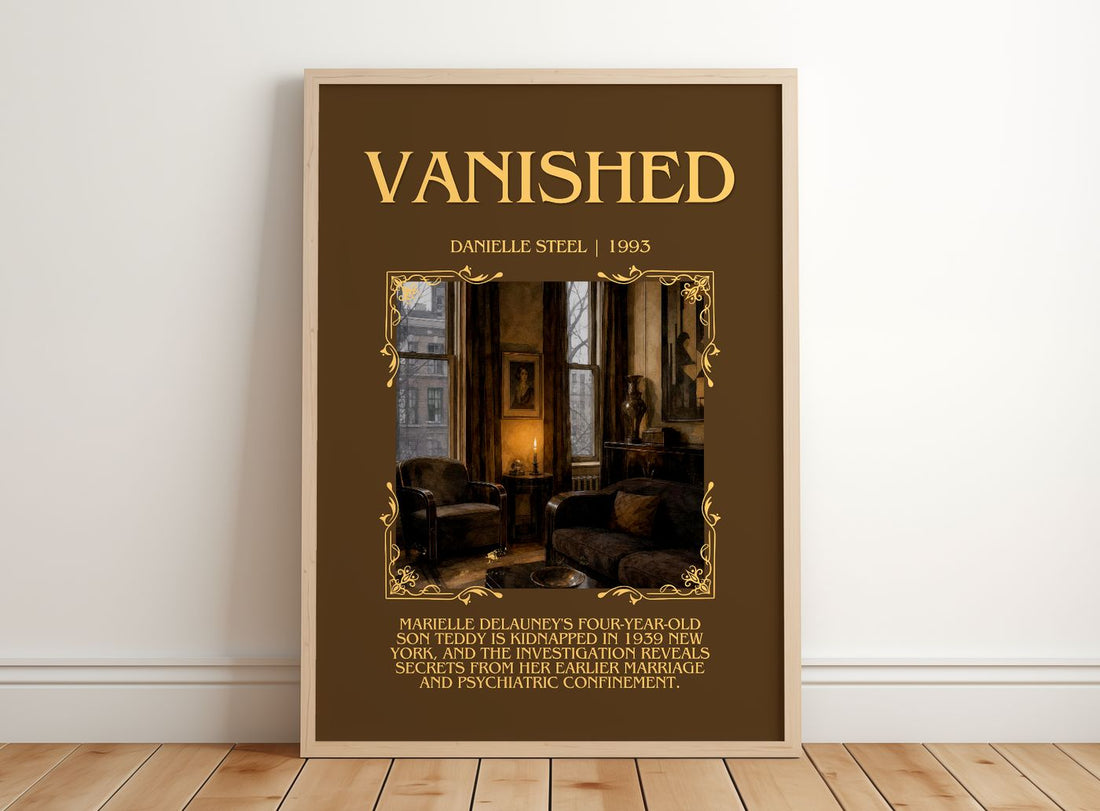 Vanished Minimalist Book Poster by Danielle Steel – framed print leaning on a wooden floor
