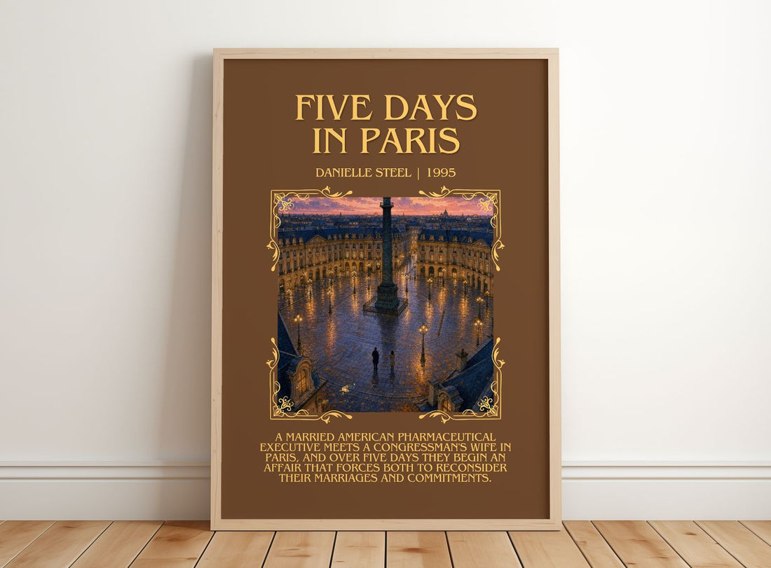 Five Days In Paris Minimalist Book Poster by Danielle Steel – framed print leaning on a wooden floor