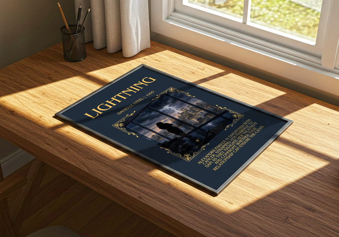 Lightning Minimalist Book Poster by Danielle Steel – print on a sunlit desk