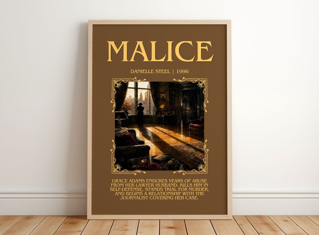 Malice Minimalist Book Poster by Danielle Steel – framed print leaning on a wooden floor