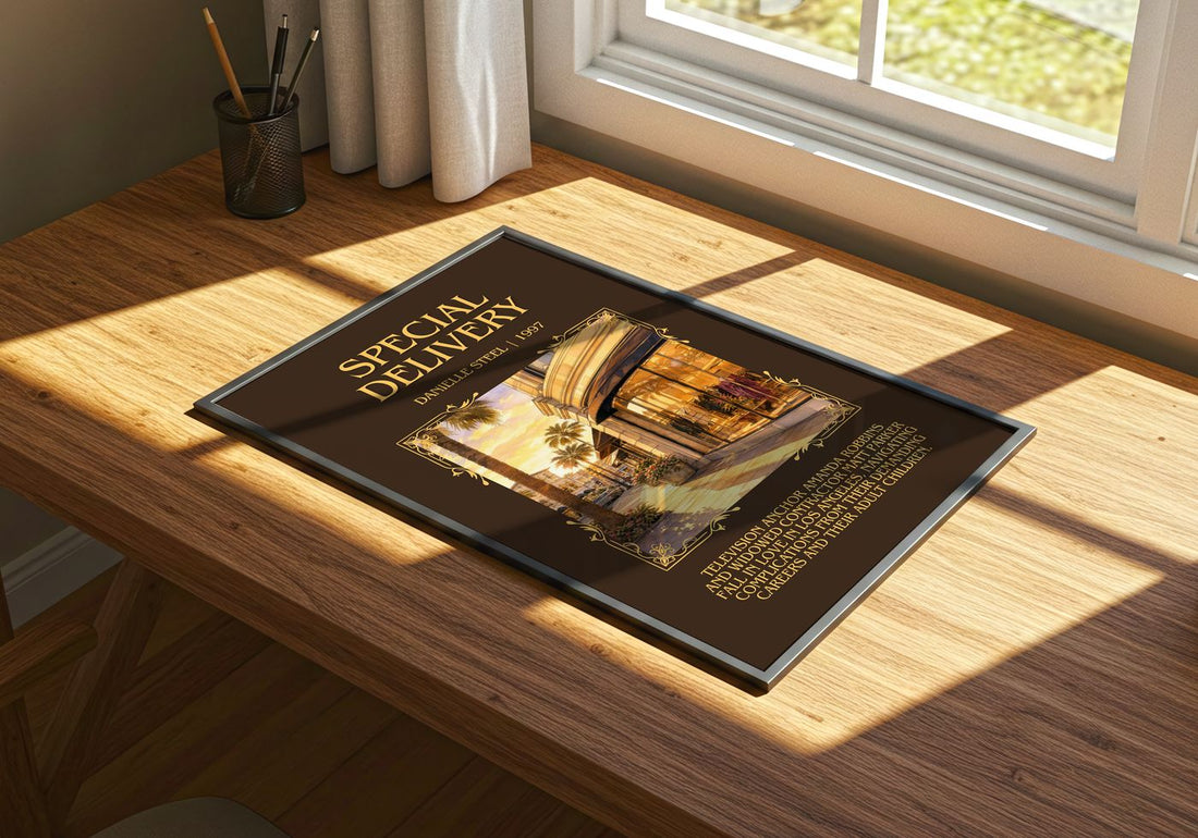 Special Delivery Minimalist Book Poster by Danielle Steel – print on a sunlit desk