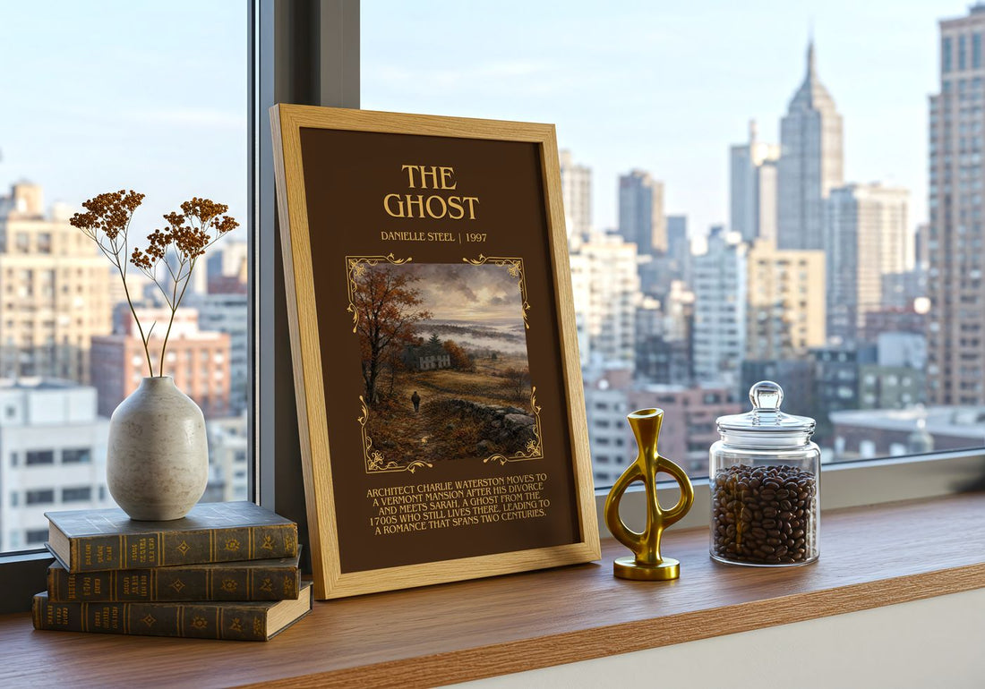 The Ghost Minimalist Book Poster by Danielle Steel – framed print on a city-view windowsill