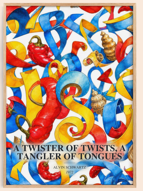 A Twister Of Twists, A Tangler Of Tongues watercolour book poster by Alvin Schwartz – framed literary art print