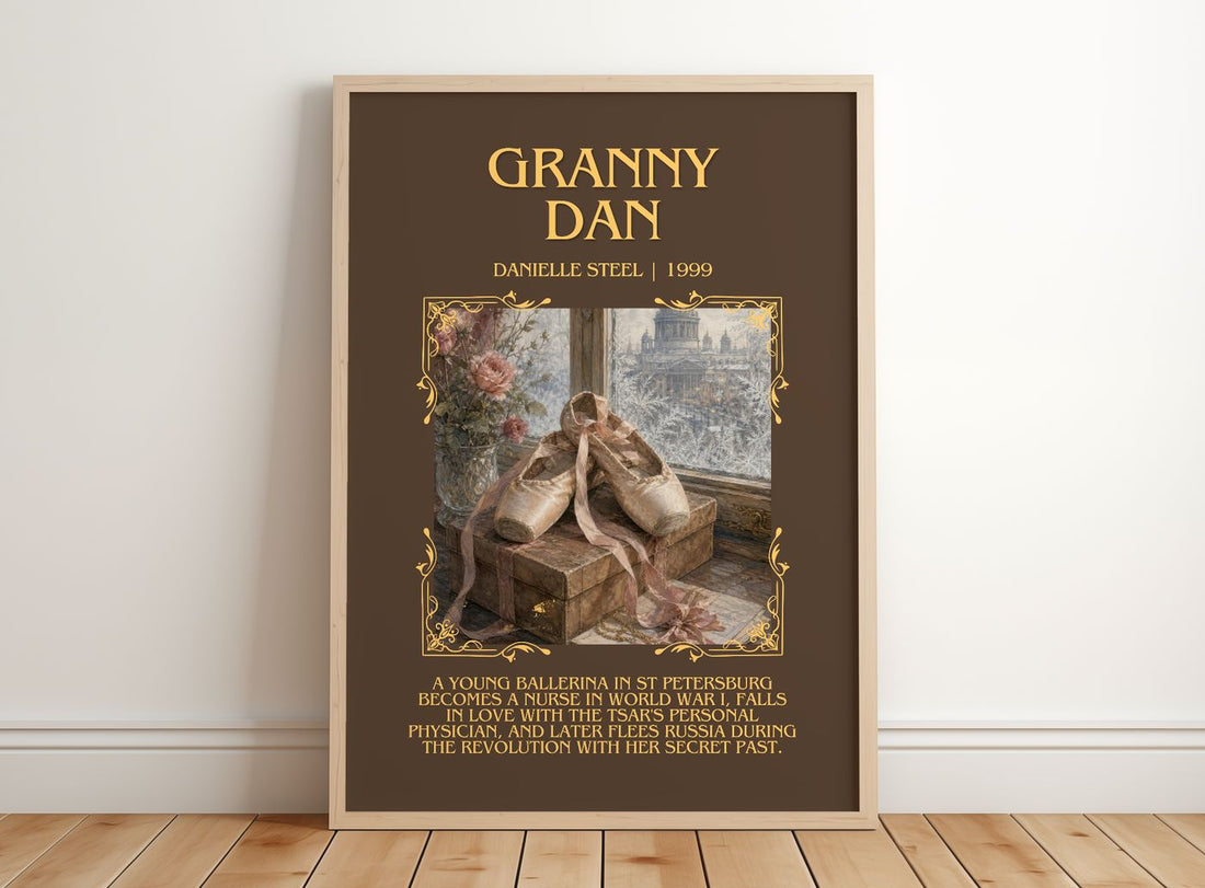 Granny Dan Minimalist Book Poster by Danielle Steel – framed print leaning on a wooden floor