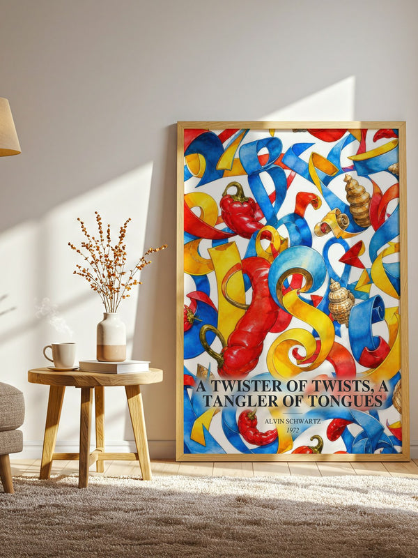 A Twister Of Twists, A Tangler Of Tongues watercolour print in frame leaning in hallway – childrens wall art