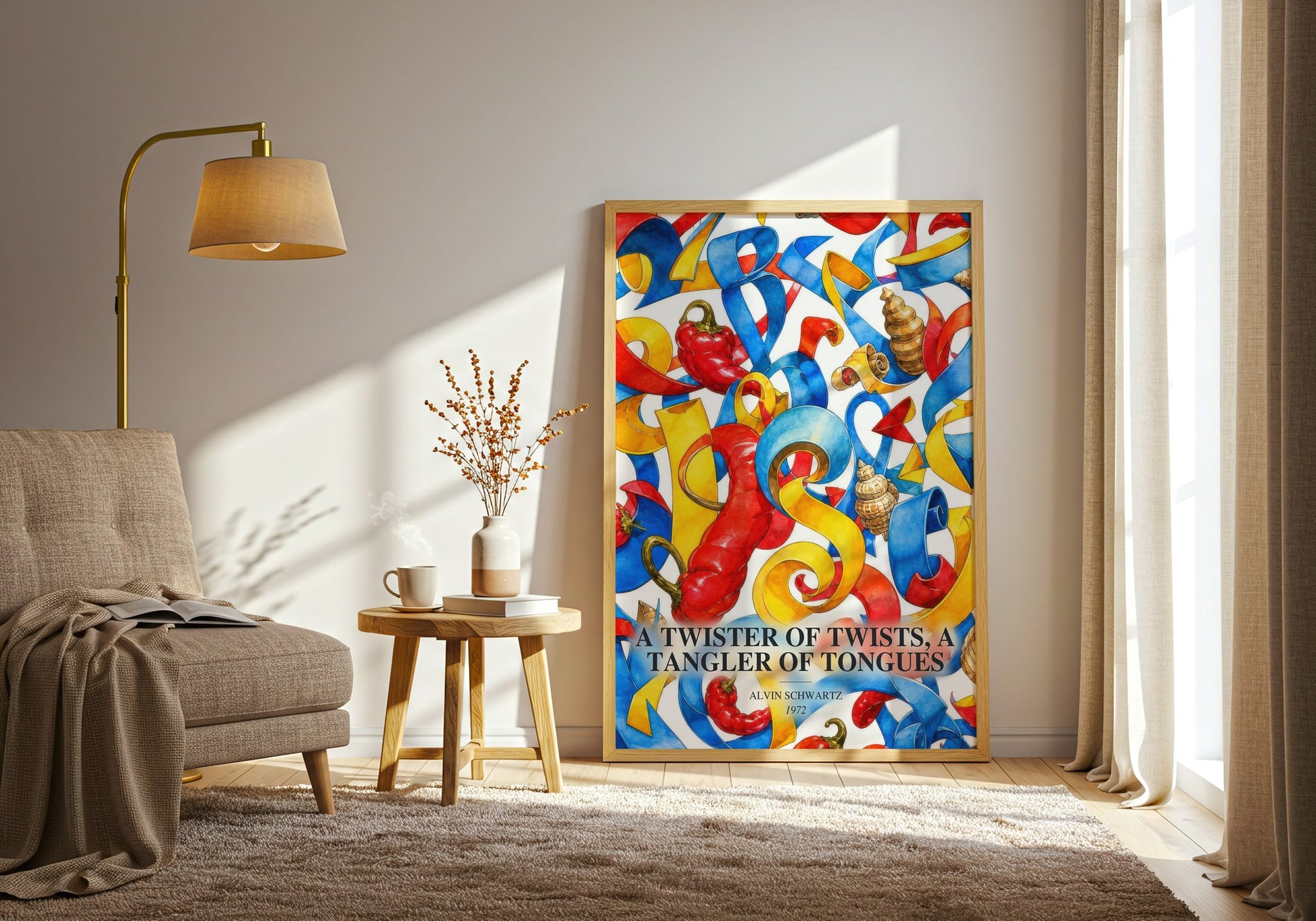 A Twister Of Twists, A Tangler Of Tongues watercolour print in frame leaning in hallway – childrens wall art