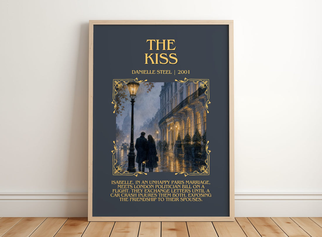 The Kiss Minimalist Book Poster by Danielle Steel – framed print leaning on a wooden floor