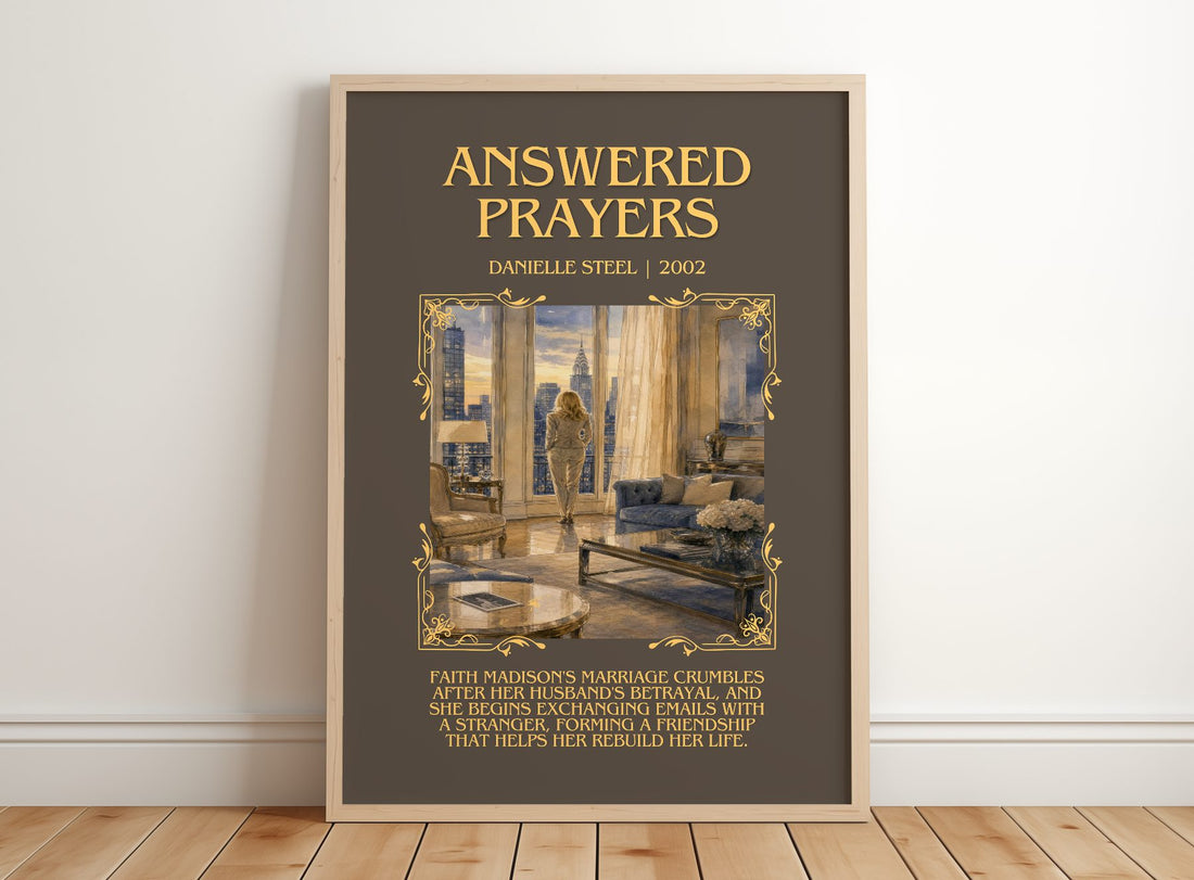 Answered Prayers Minimalist Book Poster by Danielle Steel – framed print leaning on a wooden floor