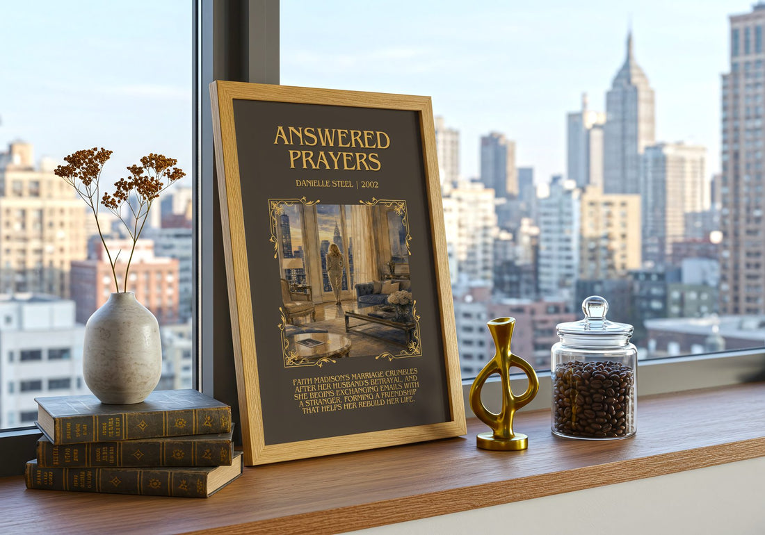 Answered Prayers Minimalist Book Poster by Danielle Steel – framed print on a city-view windowsill