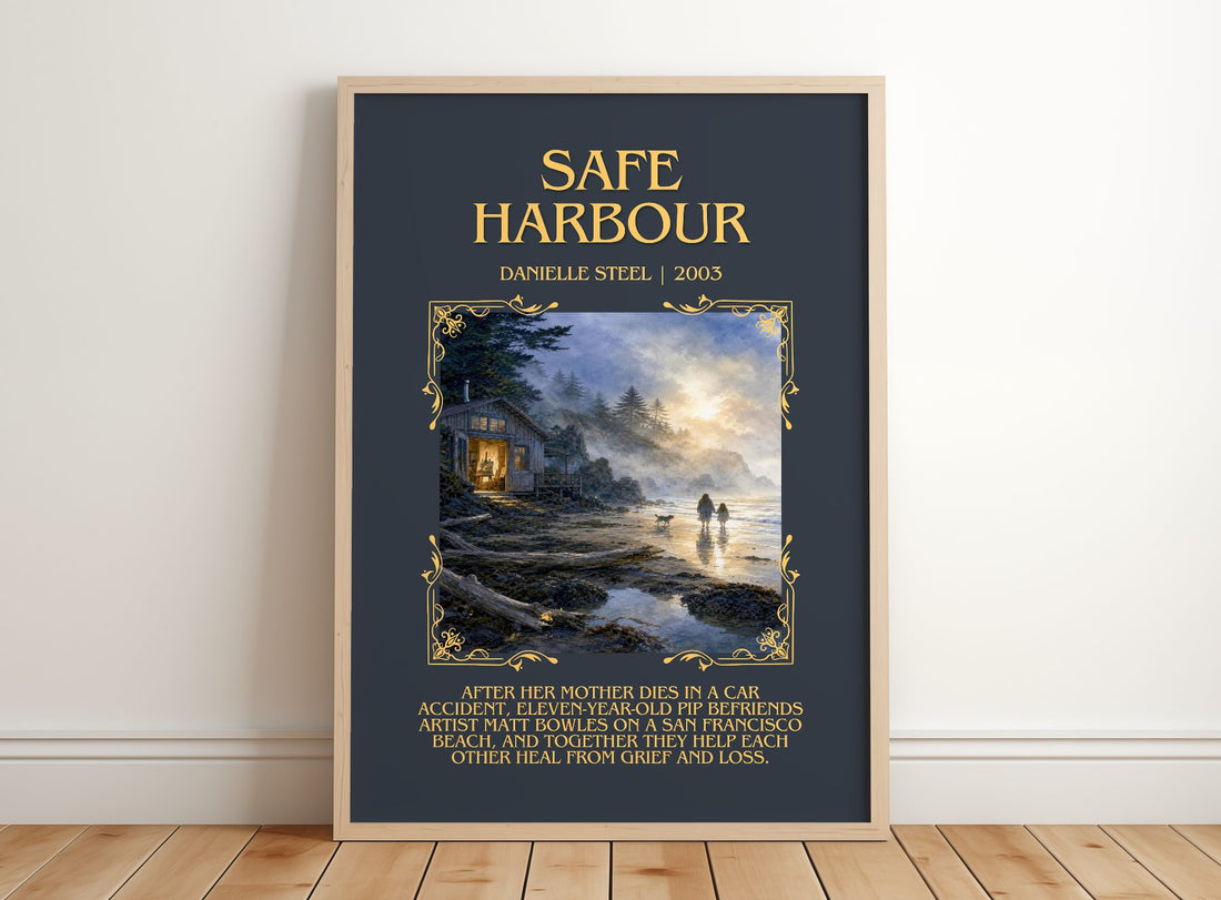 Safe Harbour Minimalist Book Poster by Danielle Steel – framed print leaning on a wooden floor