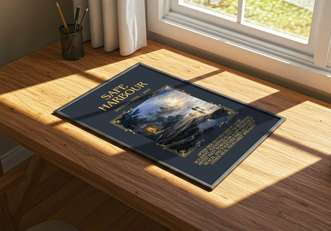 Safe Harbour Minimalist Book Poster by Danielle Steel – print on a sunlit desk