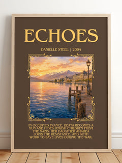 Echoes Minimalist Book Poster by Danielle Steel – framed print leaning on a wooden floor