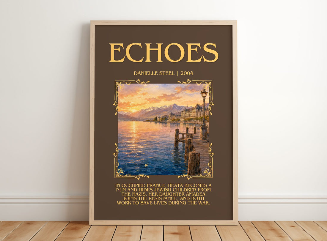 Echoes Minimalist Book Poster by Danielle Steel – framed print leaning on a wooden floor