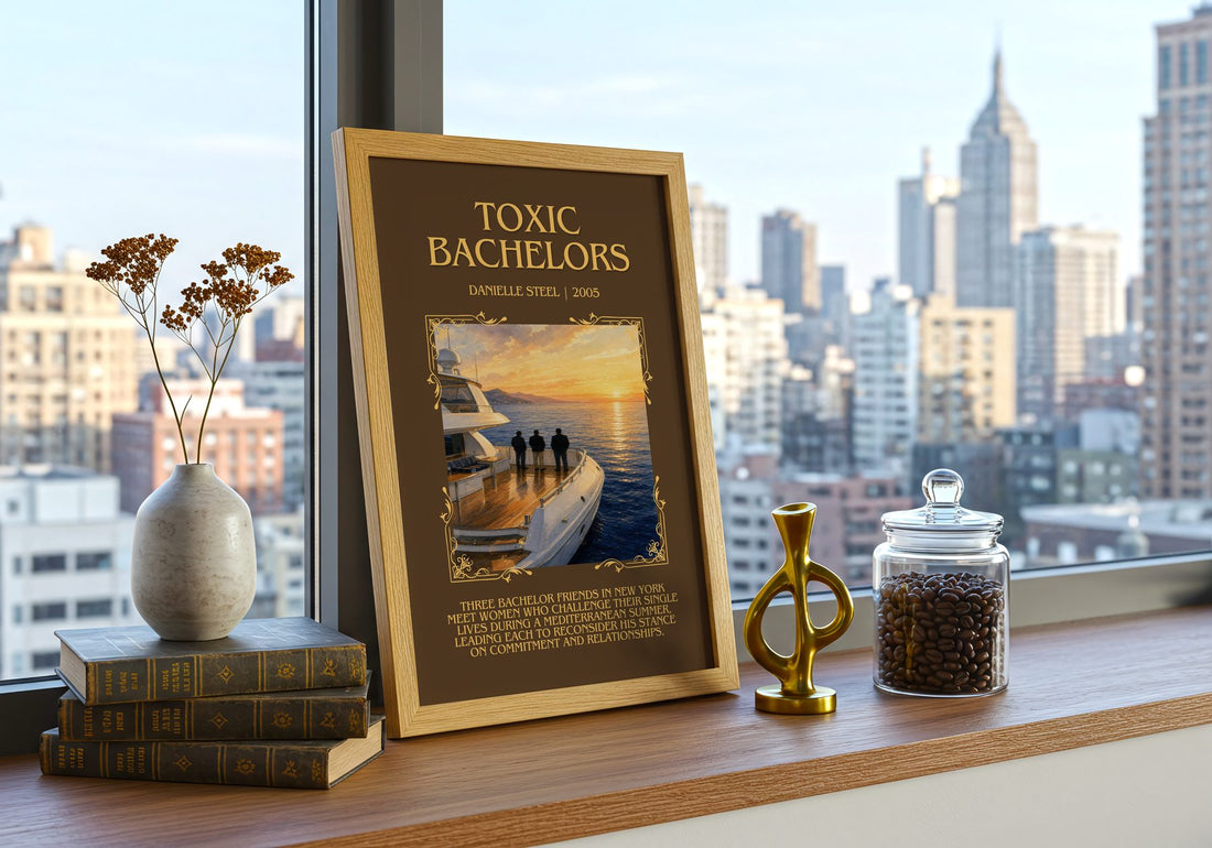 Toxic Bachelors Minimalist Book Poster by Danielle Steel – framed print on a city-view windowsill