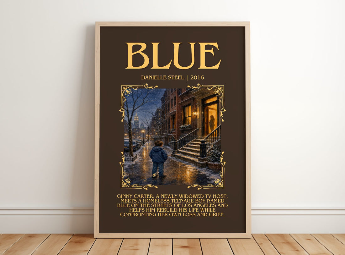Blue Minimalist Book Poster by Danielle Steel – framed print leaning on a wooden floor