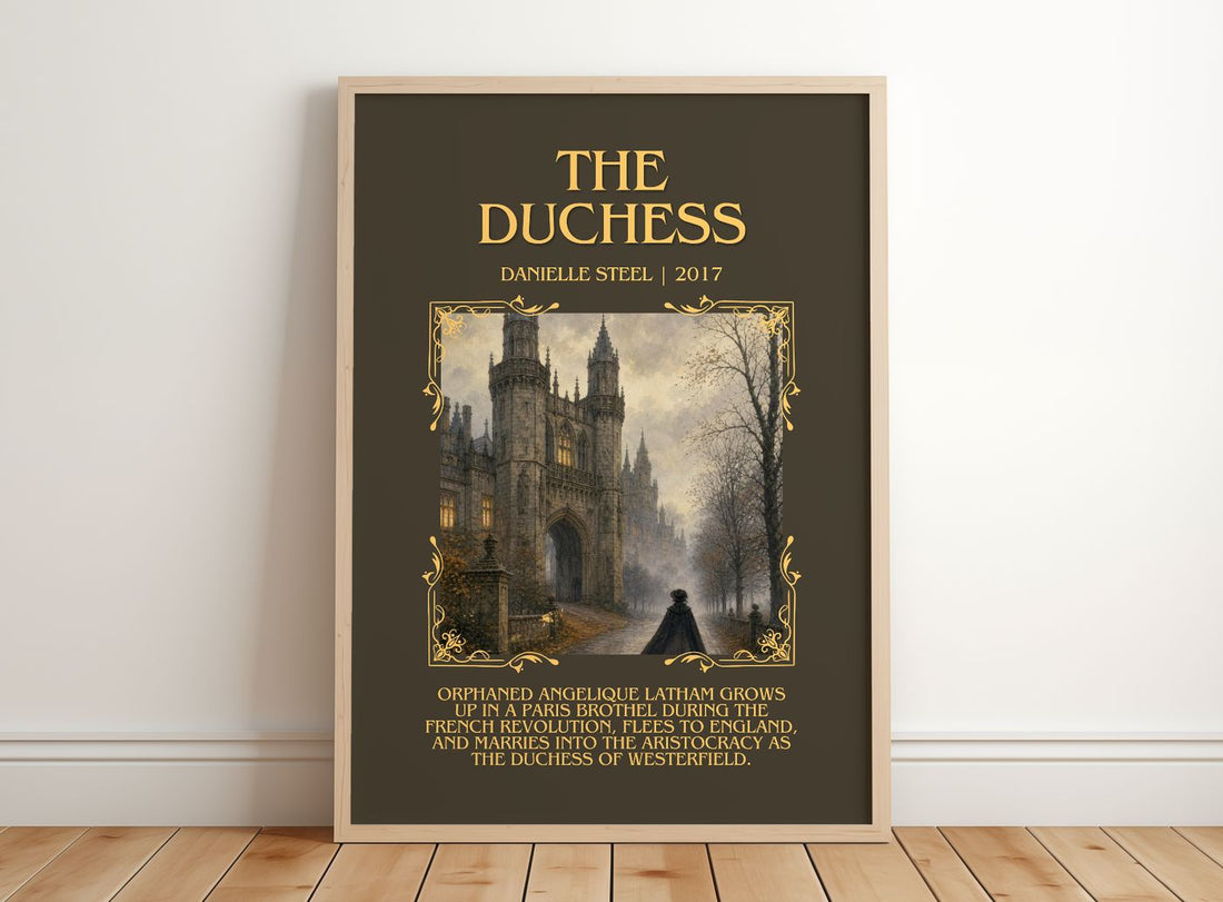 The Duchess Minimalist Book Poster by Danielle Steel – framed print leaning on a wooden floor