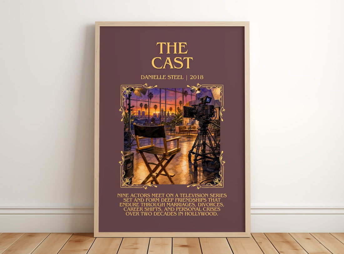 The Cast Minimalist Book Poster by Danielle Steel – framed print leaning on a wooden floor