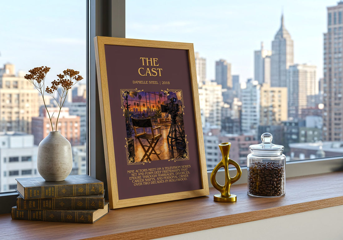 The Cast Minimalist Book Poster by Danielle Steel – framed print on a city-view windowsill