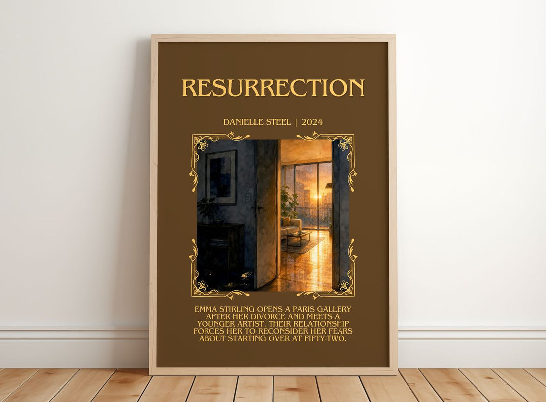 Resurrection Minimalist Book Poster by Danielle Steel – framed print leaning on a wooden floor
