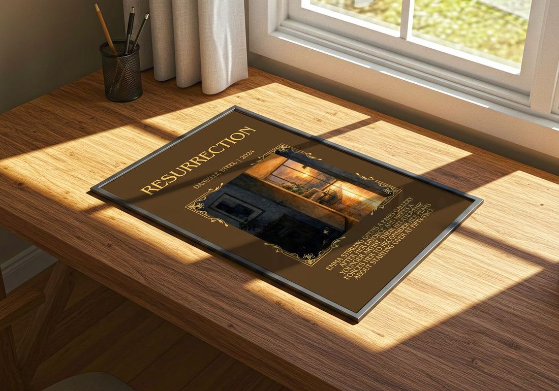 Resurrection Minimalist Book Poster by Danielle Steel – print on a sunlit desk