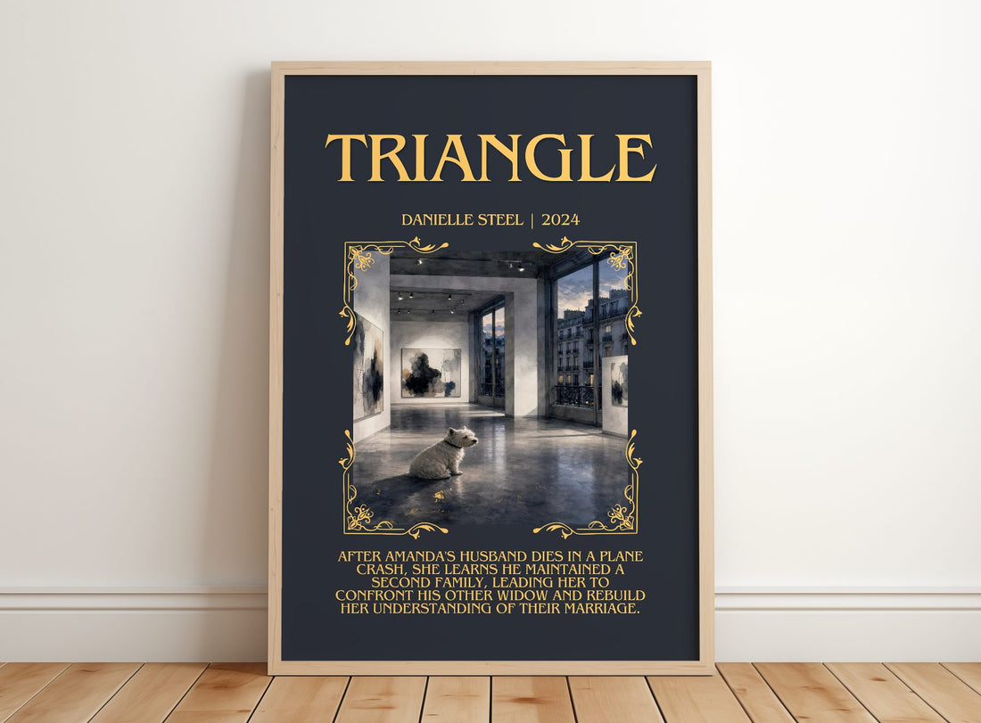Triangle Minimalist Book Poster by Danielle Steel – framed print leaning on a wooden floor
