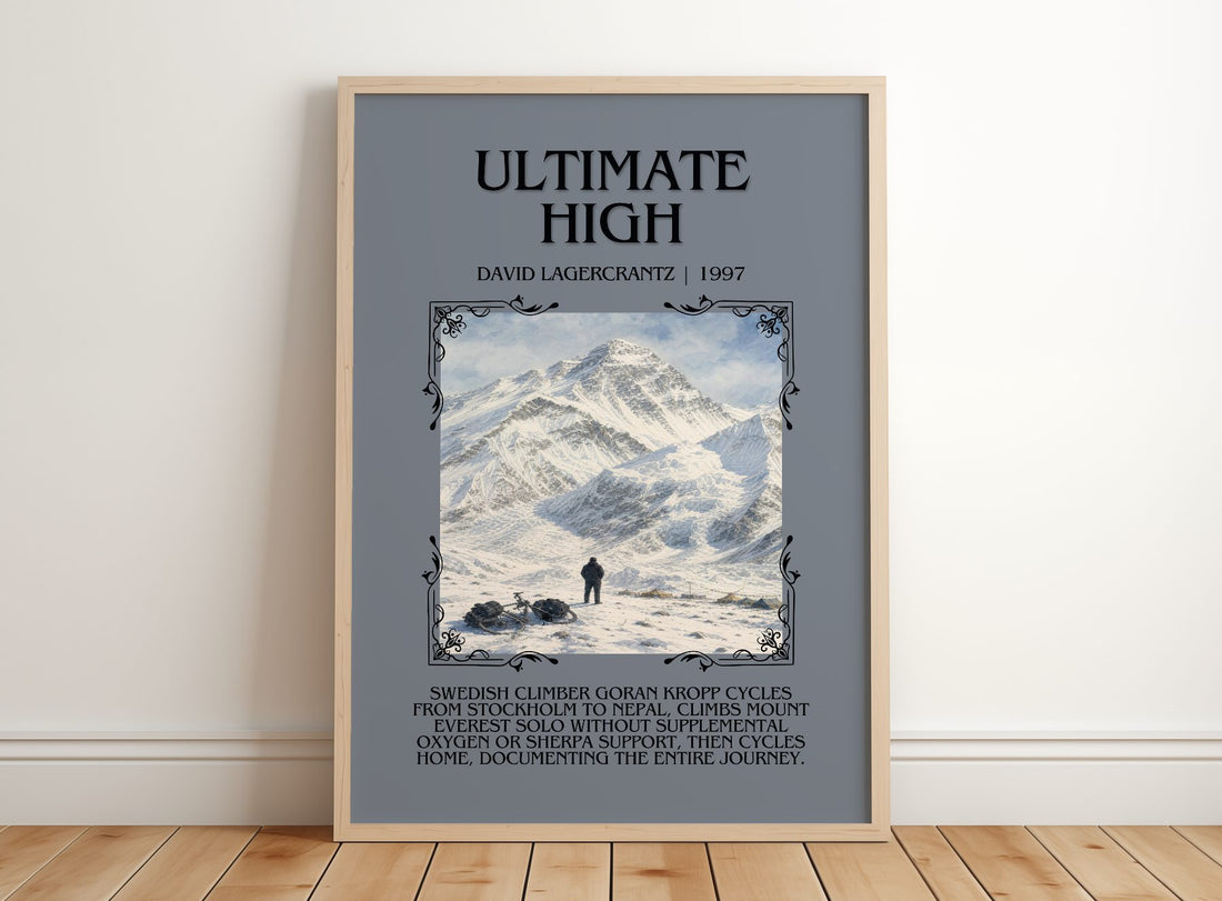 Ultimate High Minimalist Book Poster by David Lagercrantz – framed print leaning on a wooden floor