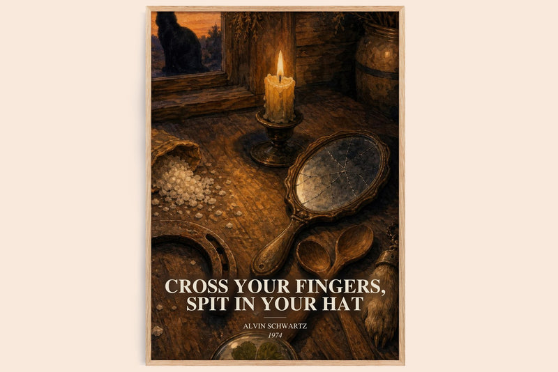Cross Your Fingers, Spit In Your Hat watercolour book poster by Alvin Schwartz – framed literary art print