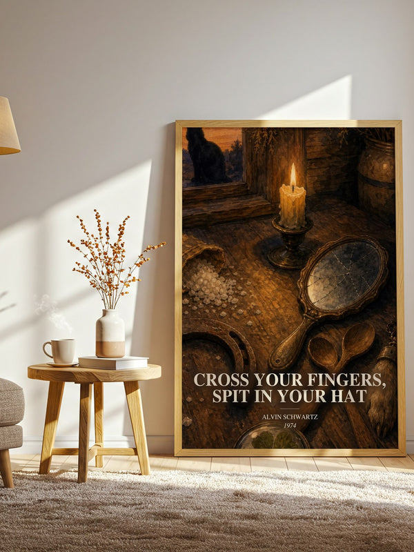 Cross Your Fingers, Spit In Your Hat watercolour print in frame leaning in hallway – non fiction wall art