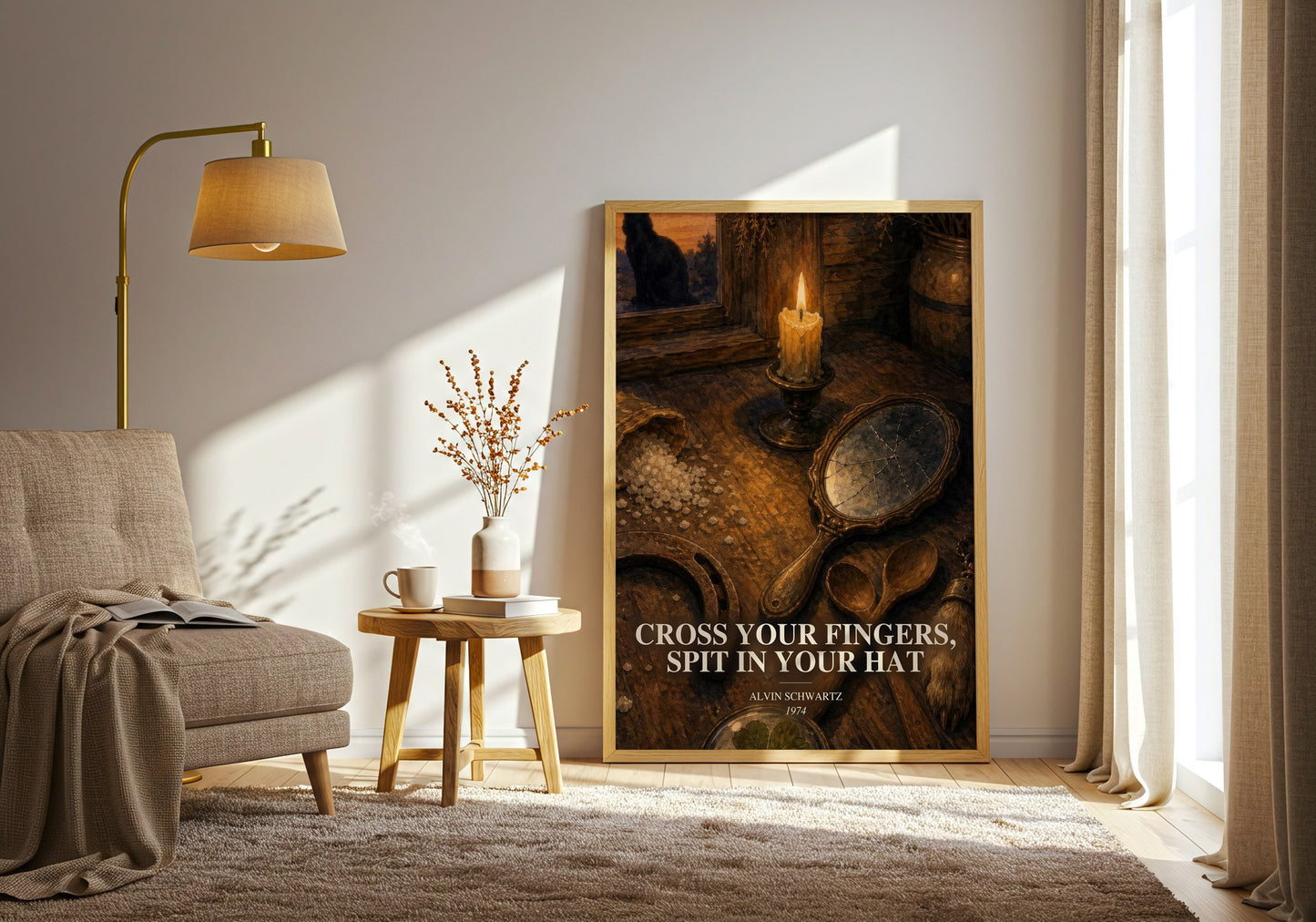 Cross Your Fingers, Spit In Your Hat watercolour print in frame leaning in hallway – non fiction wall art