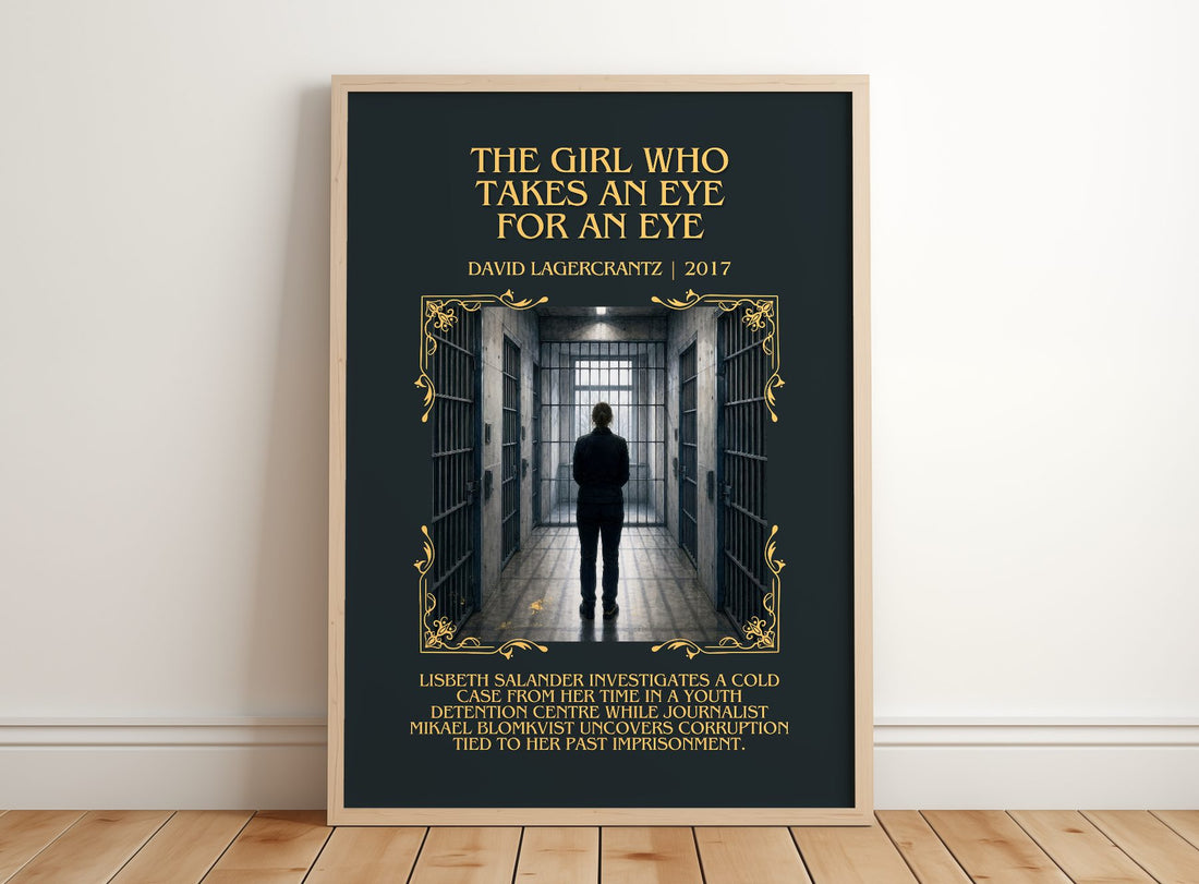 Girl Who Takes An Eye For An Eye Minimalist Book Poster – framed print leaning on a wooden floor