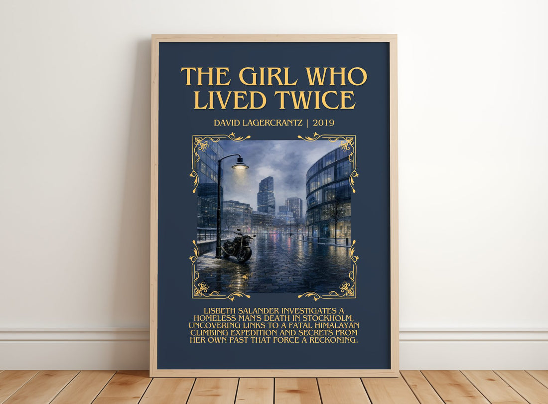 The Girl Who Lived Twice Minimalist Book Poster by David Lagercrantz – framed print leaning on a wooden floor