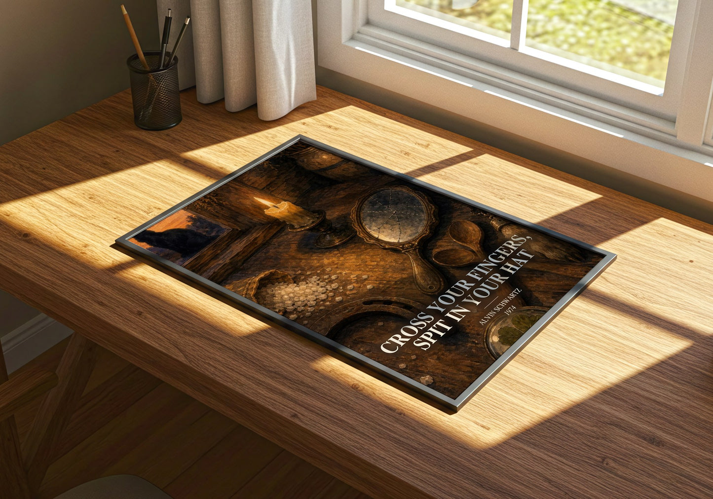 Cross Your Fingers, Spit In Your Hat watercolour book poster framed on wall – non fiction wall art