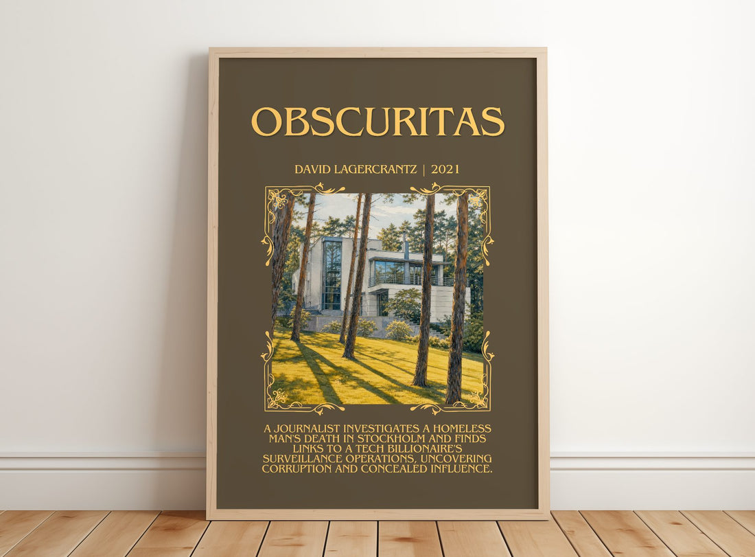 Obscuritas Minimalist Book Poster by David Lagercrantz – framed print leaning on a wooden floor