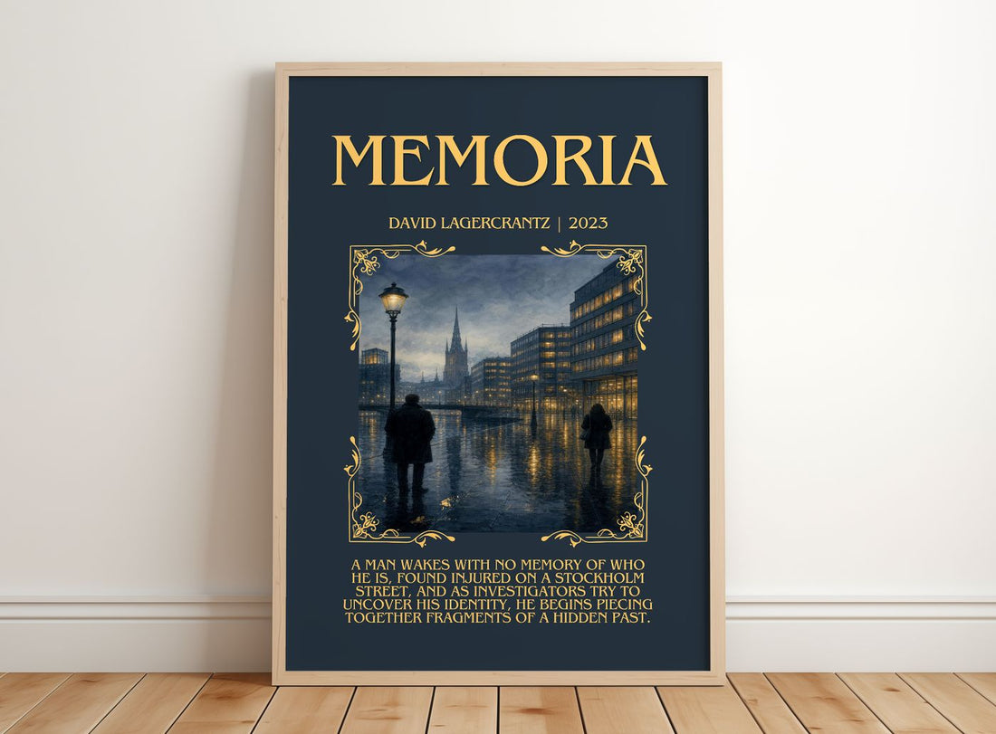 Memoria Minimalist Book Poster by David Lagercrantz – framed print leaning on a wooden floor