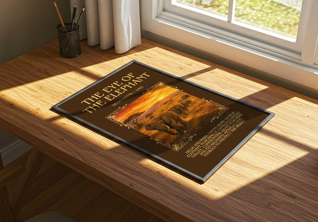 The Eye Of The Elephant Minimalist Book Poster by Delia Owens – print on a sunlit desk