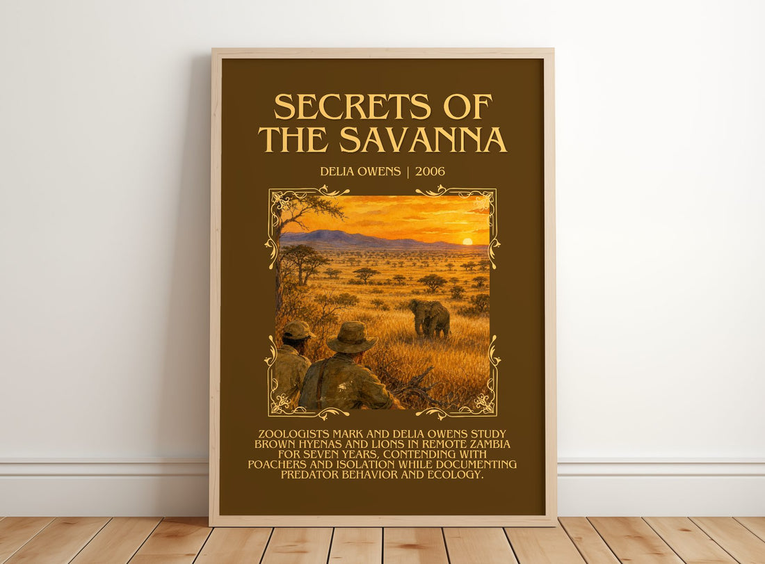 Secrets Of The Savanna Minimalist Book Poster by Delia Owens – framed print leaning on a wooden floor