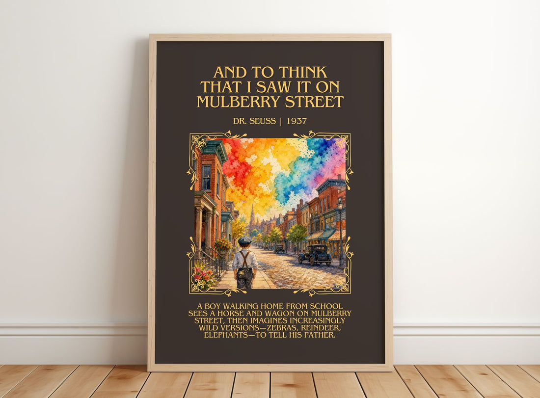 And To Think That I Saw It On Mulberry Street Minimalist Book Poster – framed print leaning on a wooden floor