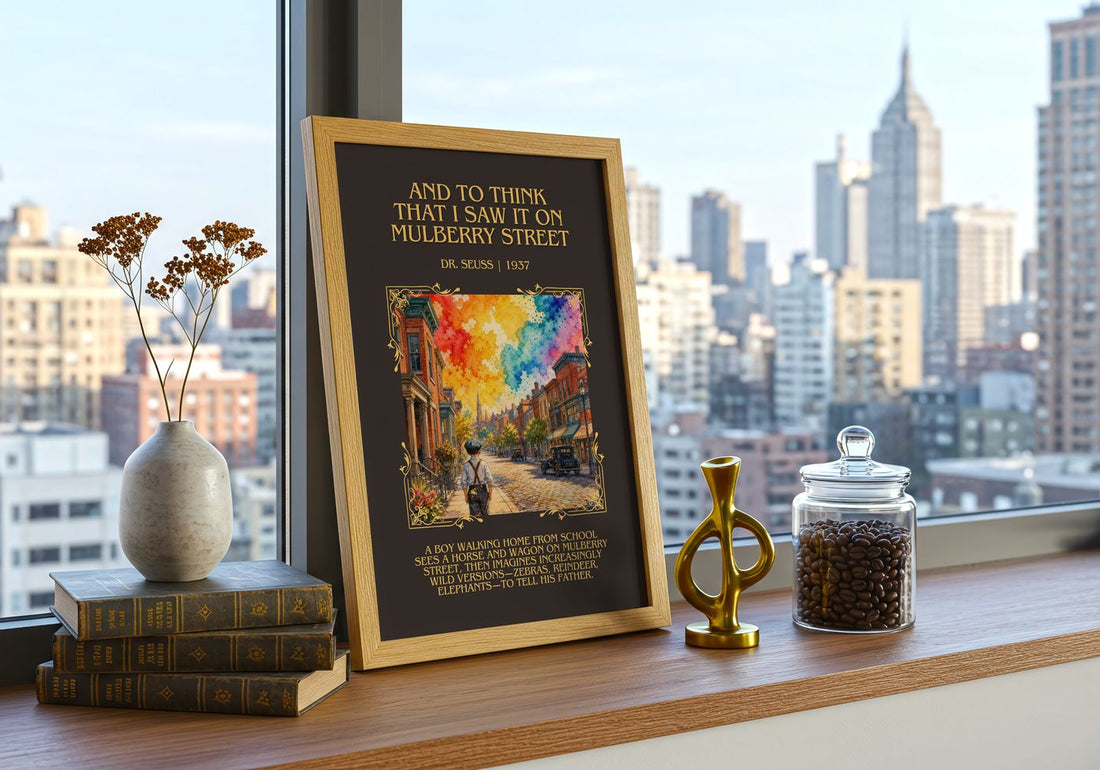 And To Think That I Saw It On Mulberry Street Minimalist Book Poster – framed print on a city-view windowsill