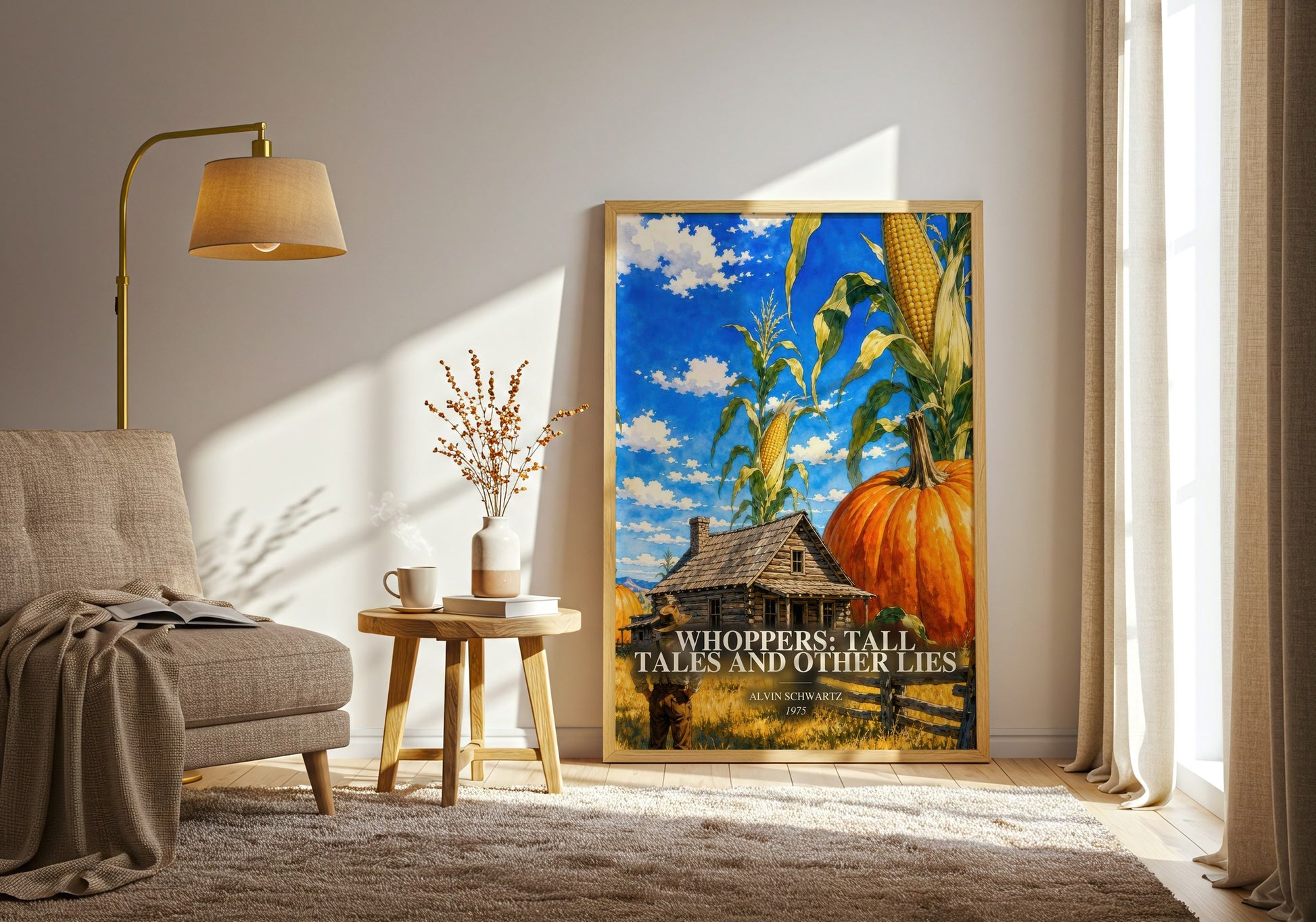 Whoppers: Tall Tales And Other Lies watercolour print in frame leaning in hallway – childrens wall art
